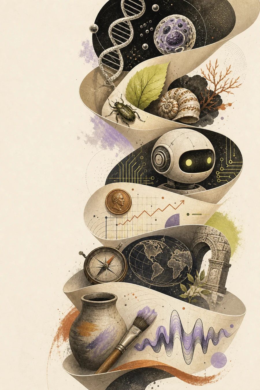 An illustrated paper trail connecting science, nature, technology, economics, history and the arts