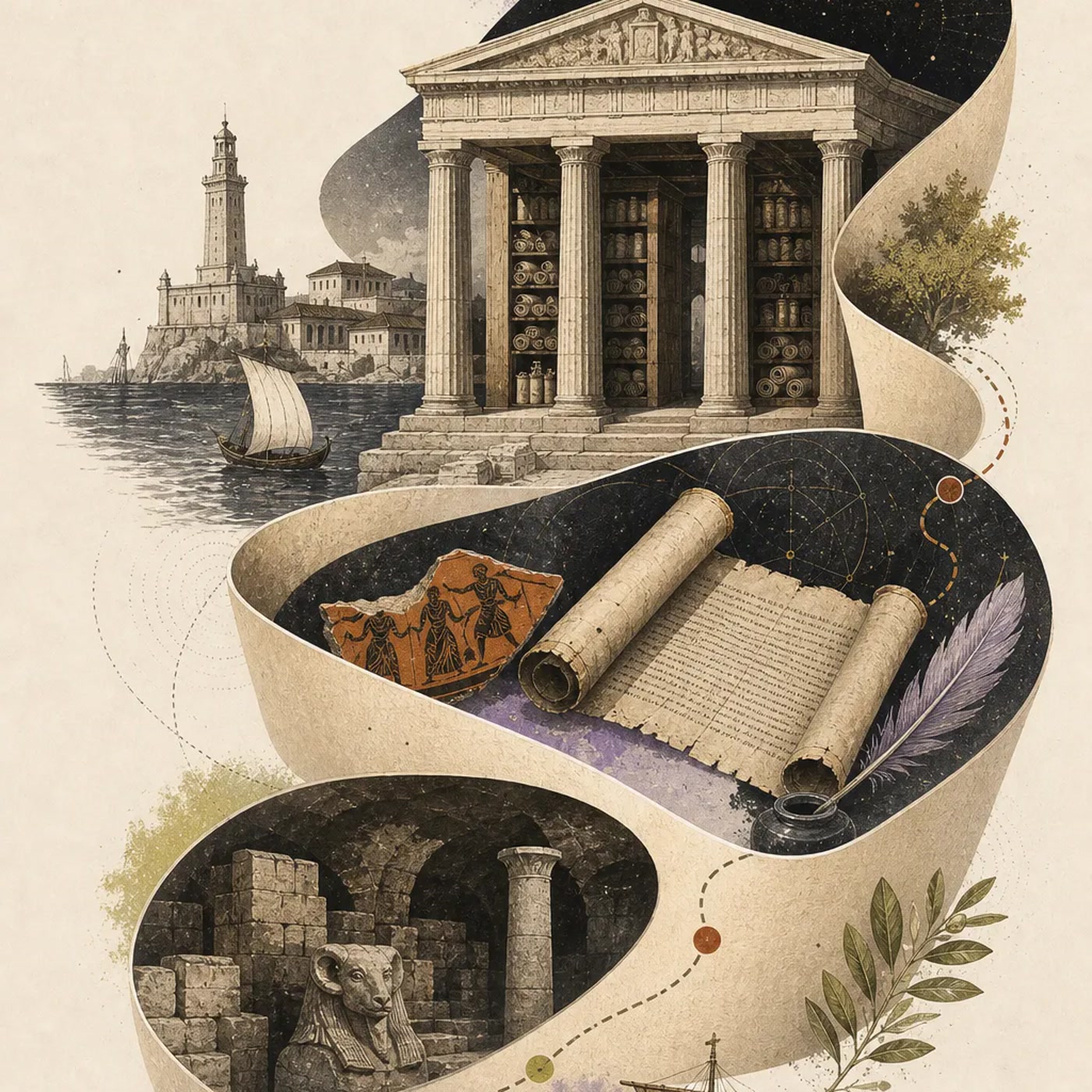 Editorial artwork for Alexandria’s Lost Library